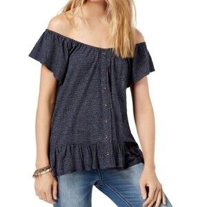 Lucky Brand Off The Shoulder Navy Blue Ruffle Blouse Size XS